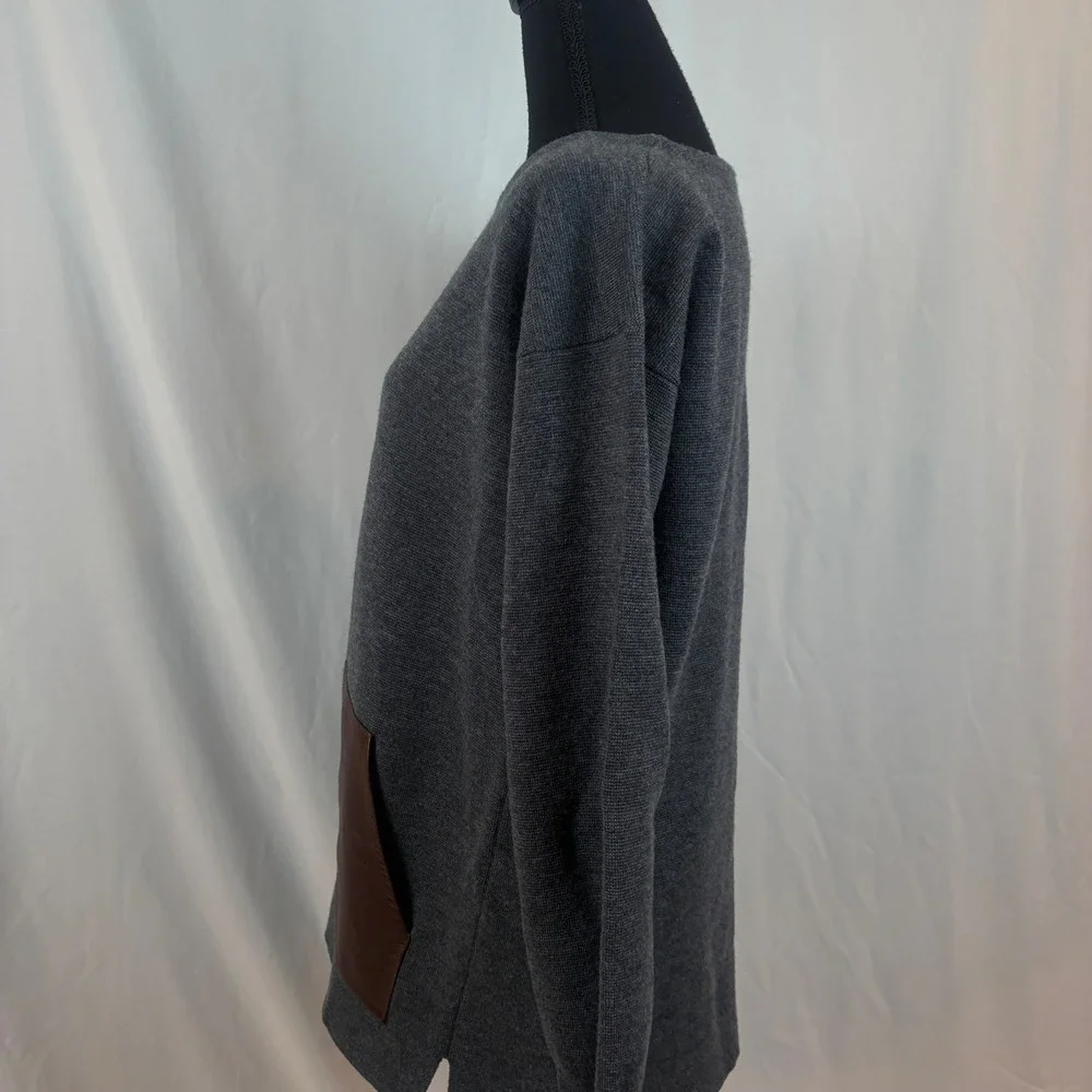 J. Crew Womens Merino Wool Leather Pocket Sweater Gray Pullover Size Medium